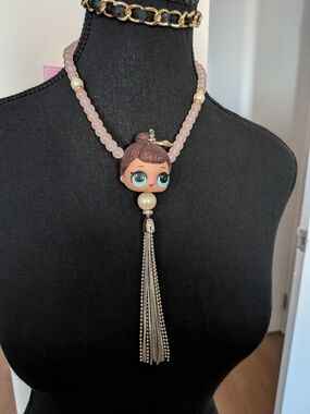 Pink Beaded Doll Lol Pendant Necklace with Silver Tassel One Of A Kind